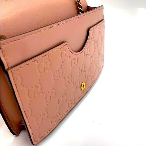 Auth Gucci Wallet On Chain Pink Beige Bow Guccisima Leather Gold Chain Strap Ex+ - Picture 15 of 16